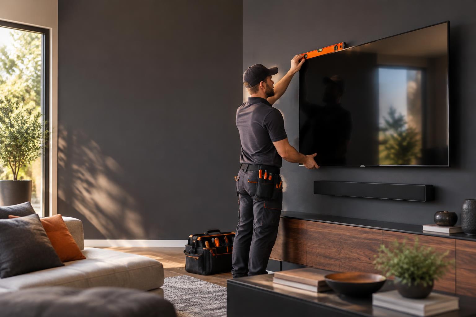 Technician professionally mounting a television in a modern home